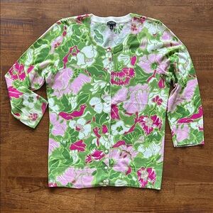 Talbots floral print women’s cardigan quarter length sleeve green pink size S